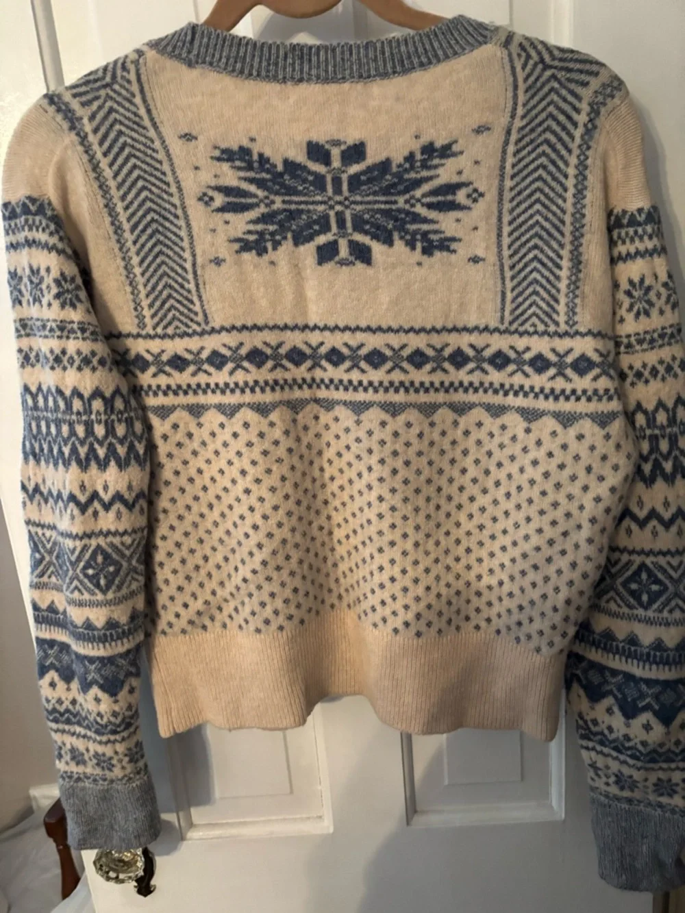 J. Crew Cream and Blue Snowflake Fair Isle Crewneck Sweater